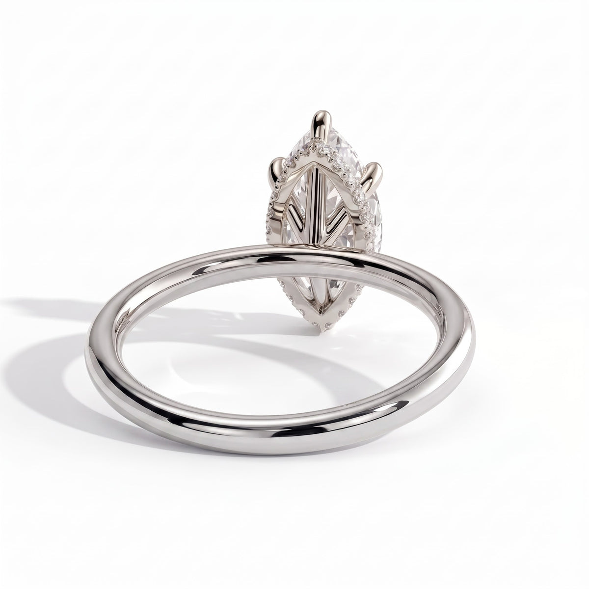 Marquise lab-grown diamond solitaire engagement ring in 950 platinum, on white background 