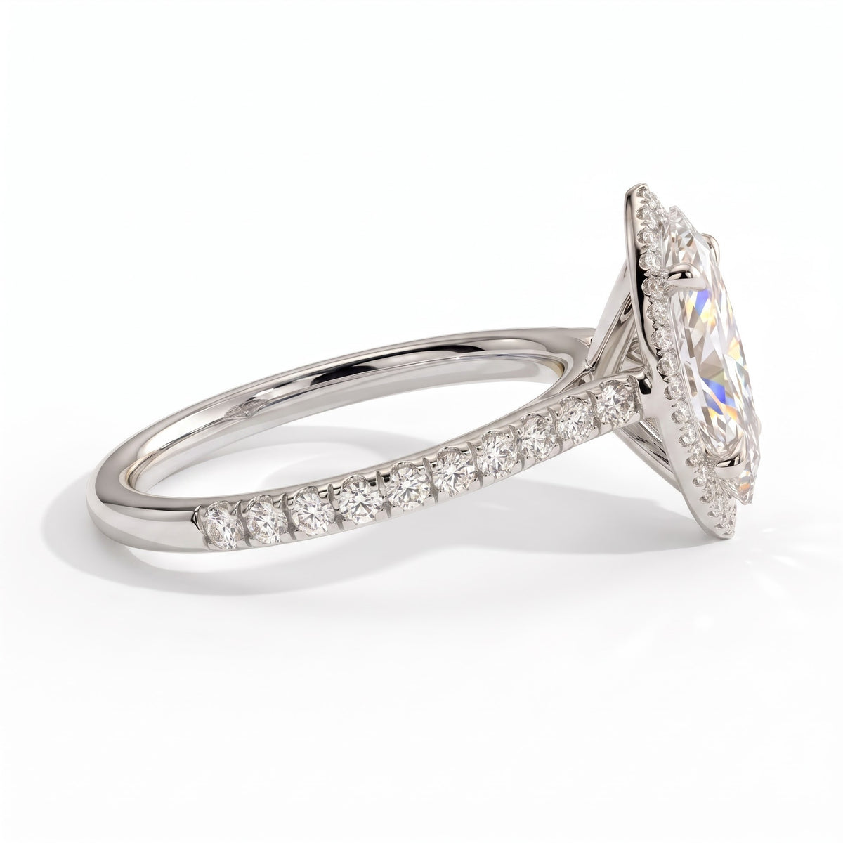 Marquise lab-grown diamond halo engagement ring in 950 platinum, detail view 