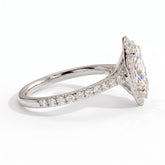 Marquise lab-grown diamond halo engagement ring in 950 platinum, detail view 