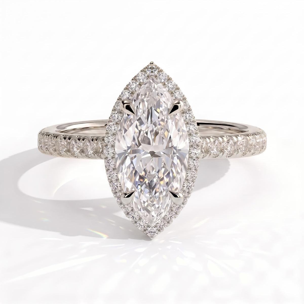 Marquise lab-grown diamond halo engagement ring in 950 platinum, front view 