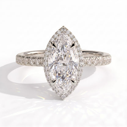 Marquise lab-grown diamond halo engagement ring in 950 platinum, front view 