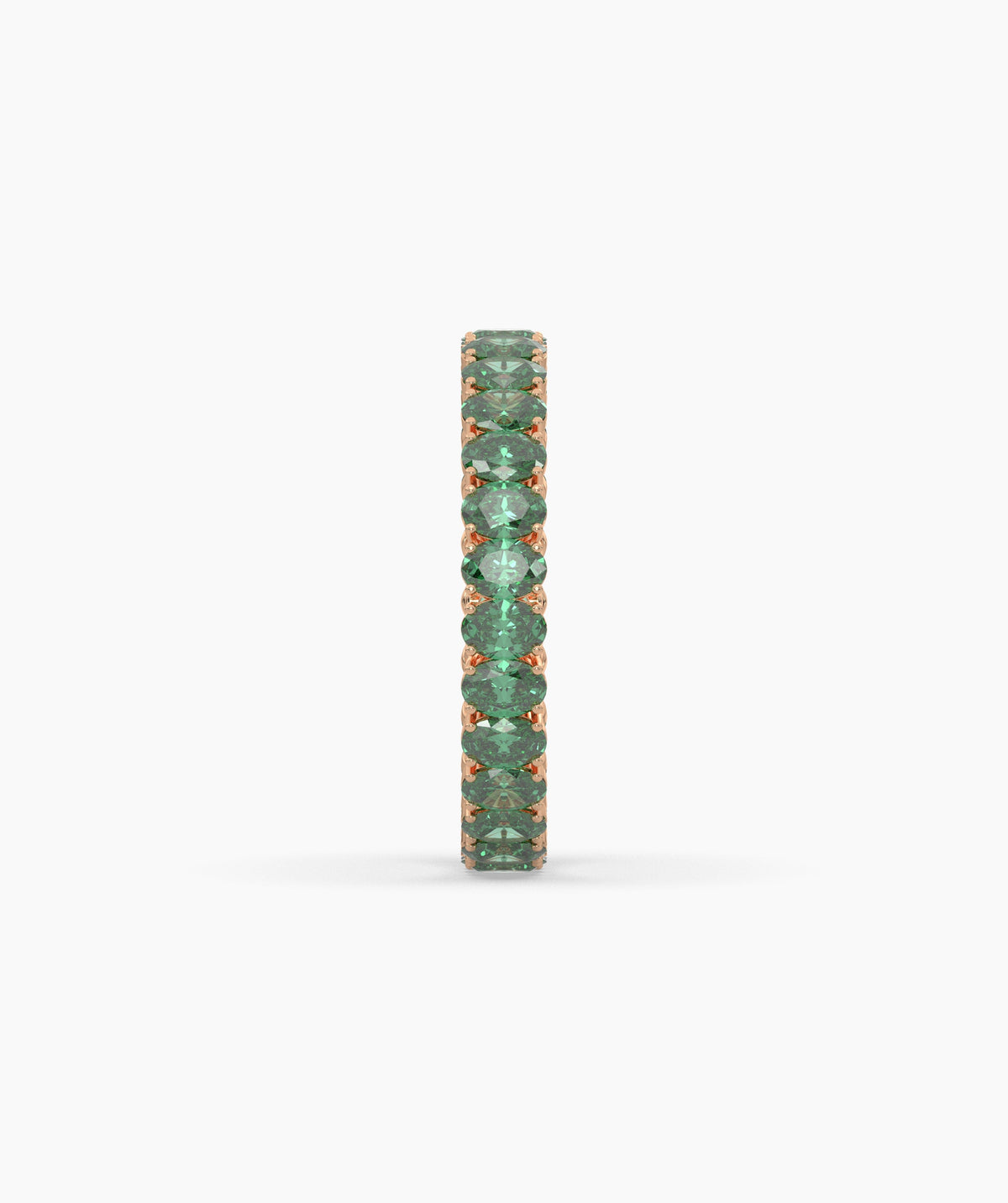 Helene round green gemstone eternity ring in 750 rose gold, side profile view 