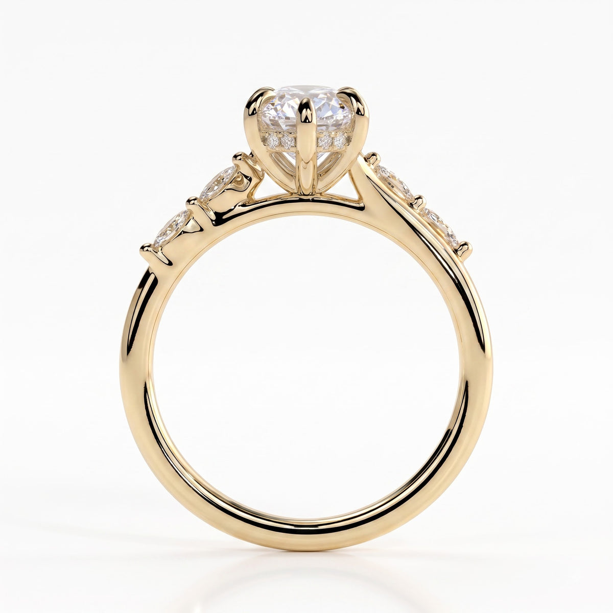 Marquise lab-grown diamond halo engagement ring in 14K (585) yellow gold, side profile 