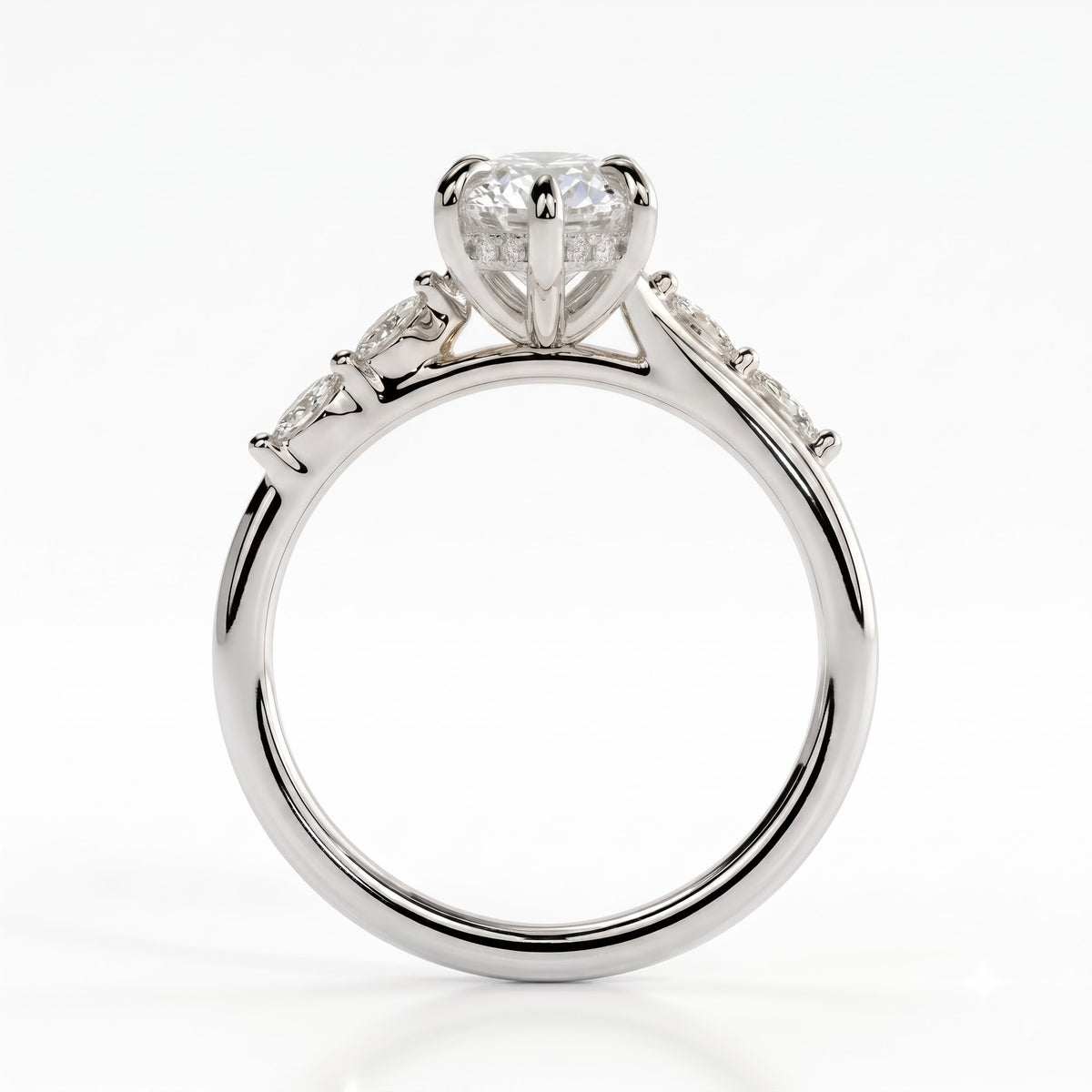 Marquise lab-grown diamond halo engagement ring in 14K (585) white gold, side profile 