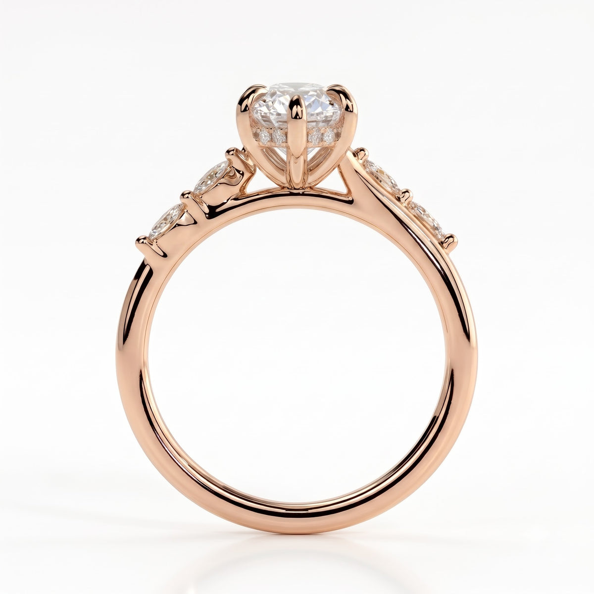 Marquise lab-grown diamond halo engagement ring in 14K (585) rose gold, side profile 