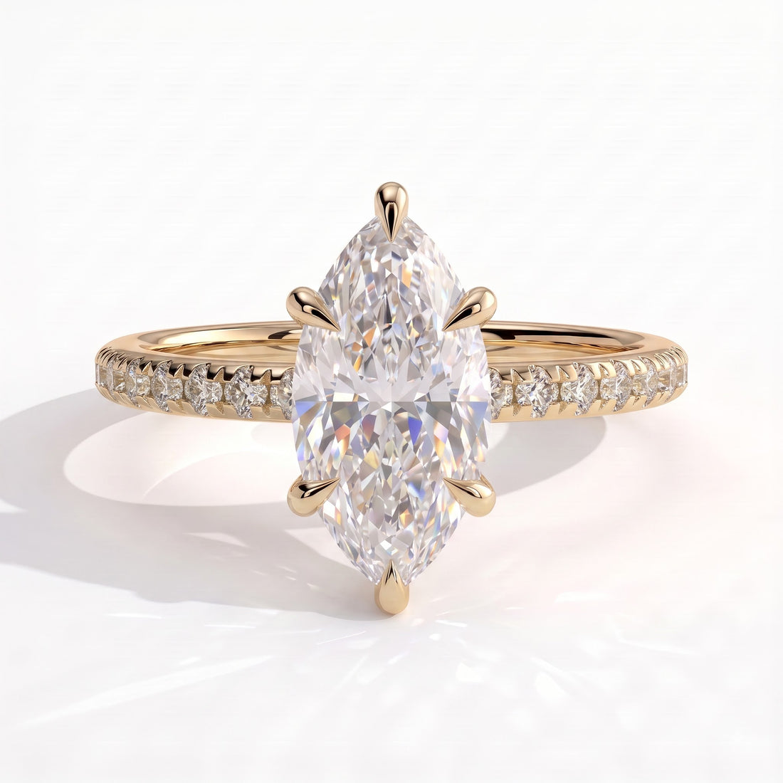 Marquise lab-grown diamond halo engagement ring in 14K (585) yellow gold, front view 