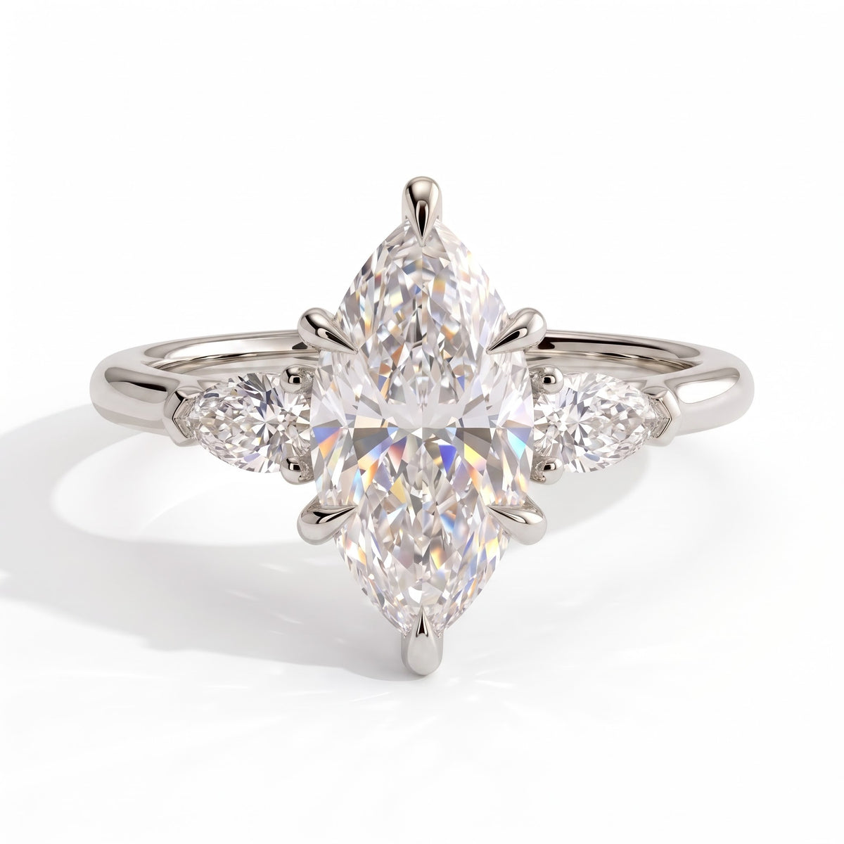 Marquise lab-grown diamond three-stone engagement ring in 18K (750) white gold, front view 