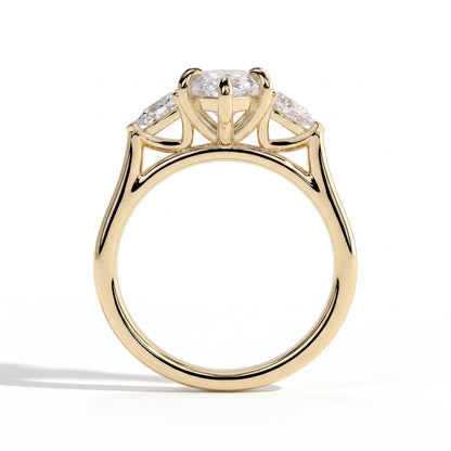 Marquise lab-grown diamond three-stone engagement ring in 18K (750) yellow gold, side profile 