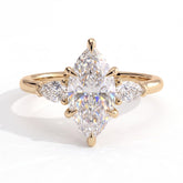 Marquise lab-grown diamond three-stone engagement ring in 18K (750) yellow gold, front view 