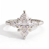 Marquise lab-grown diamond three-stone engagement ring in 950 platinum, front view 