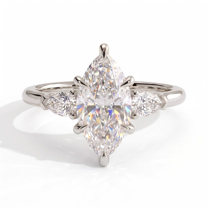 Marquise lab-grown diamond three-stone engagement ring in 950 platinum, front view 