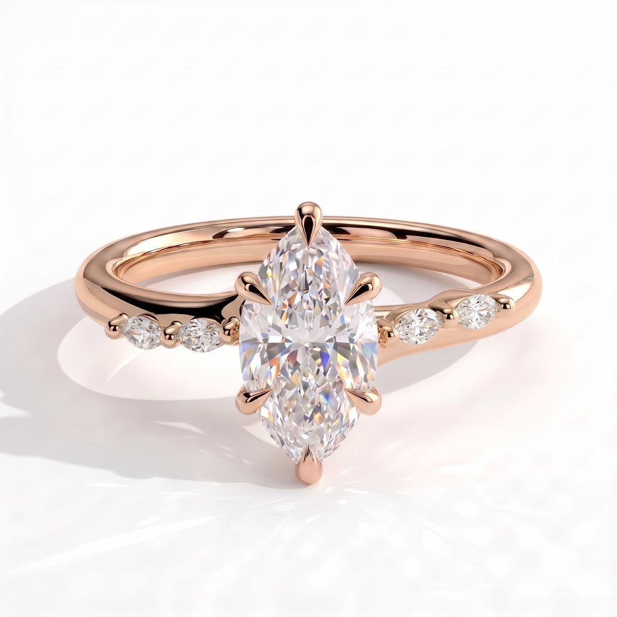 Marquise lab-grown diamond halo engagement ring in 18K (750) rose gold, front view 