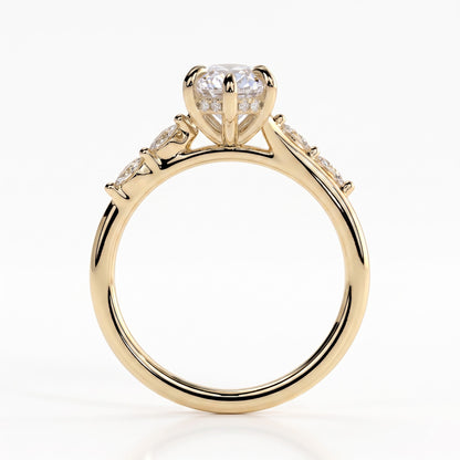 Marquise lab-grown diamond halo engagement ring in 18K (750) yellow gold, side profile 
