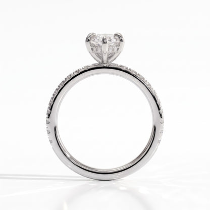 Marquise lab-grown diamond halo engagement ring in 18K (750) white gold, side profile 