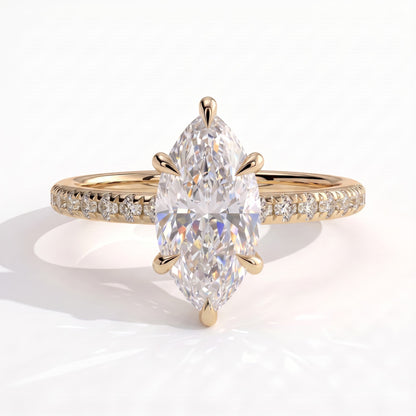 Marquise lab-grown diamond halo engagement ring in 18K (750) yellow gold, front view 