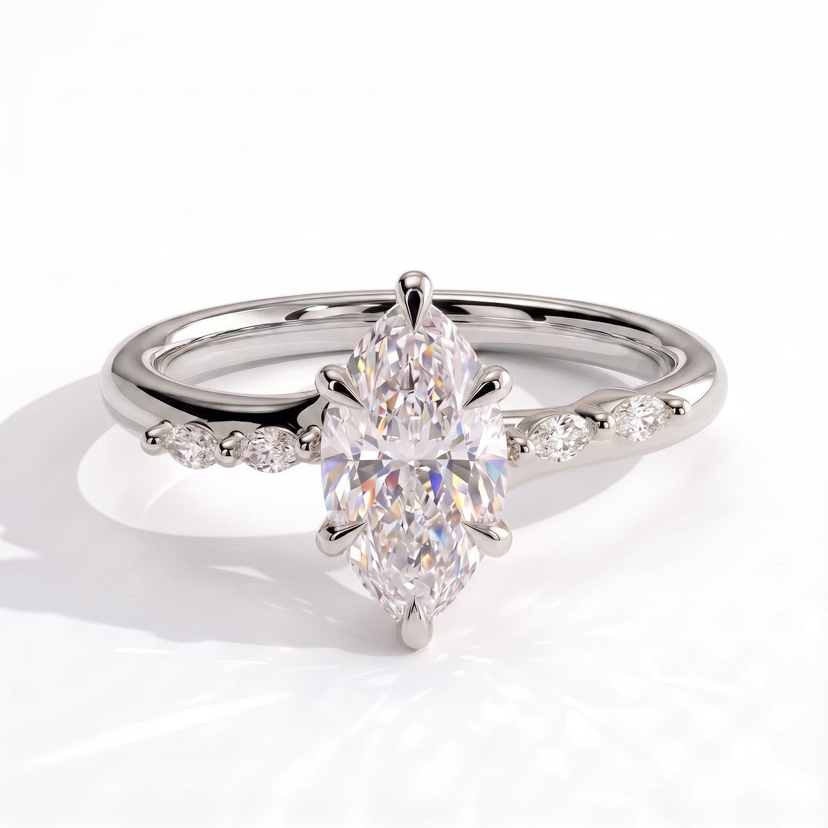 Marquise lab-grown diamond halo engagement ring in 950 platinum, front view 