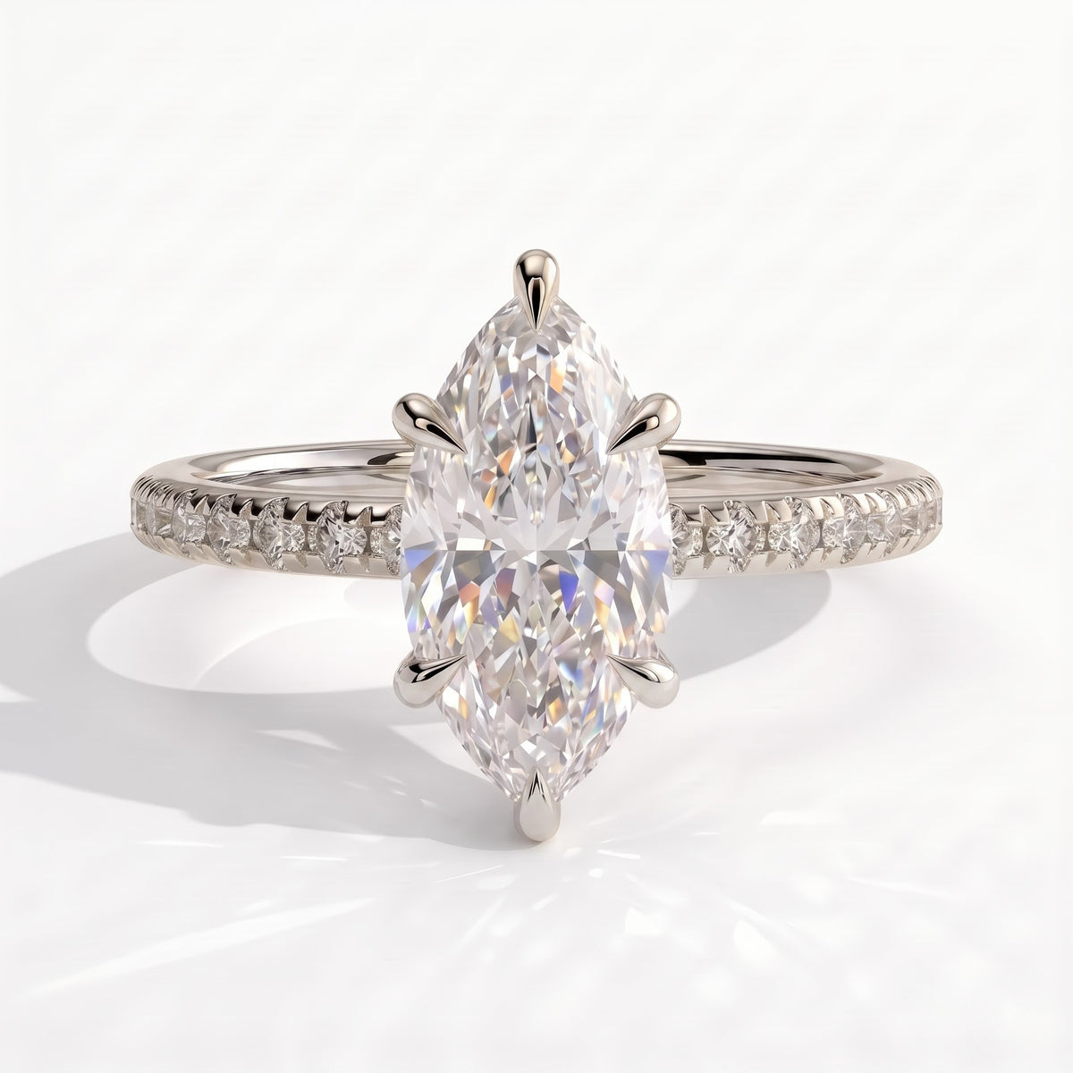 Marquise lab-grown diamond halo engagement ring in 950 platinum, front view 