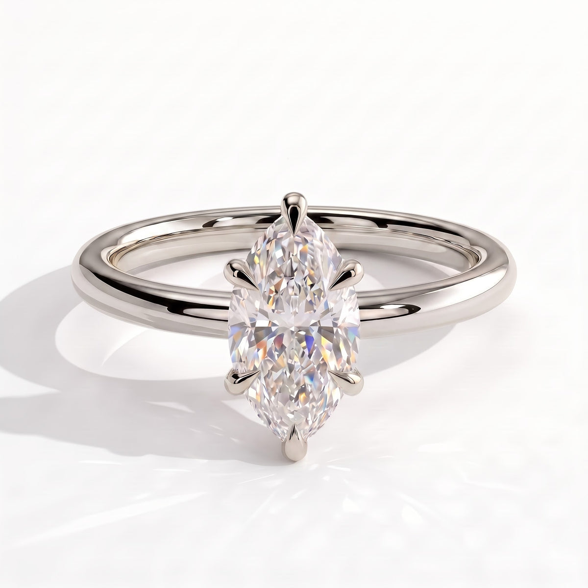 Marquise lab-grown diamond solitaire engagement ring in 14K (585) white gold, front view 