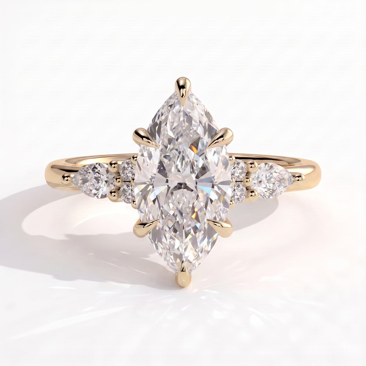 Marquise lab-grown diamond halo engagement ring in 18K (750) yellow gold, front view 