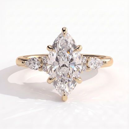 Marquise lab-grown diamond halo engagement ring in 18K (750) yellow gold, front view 