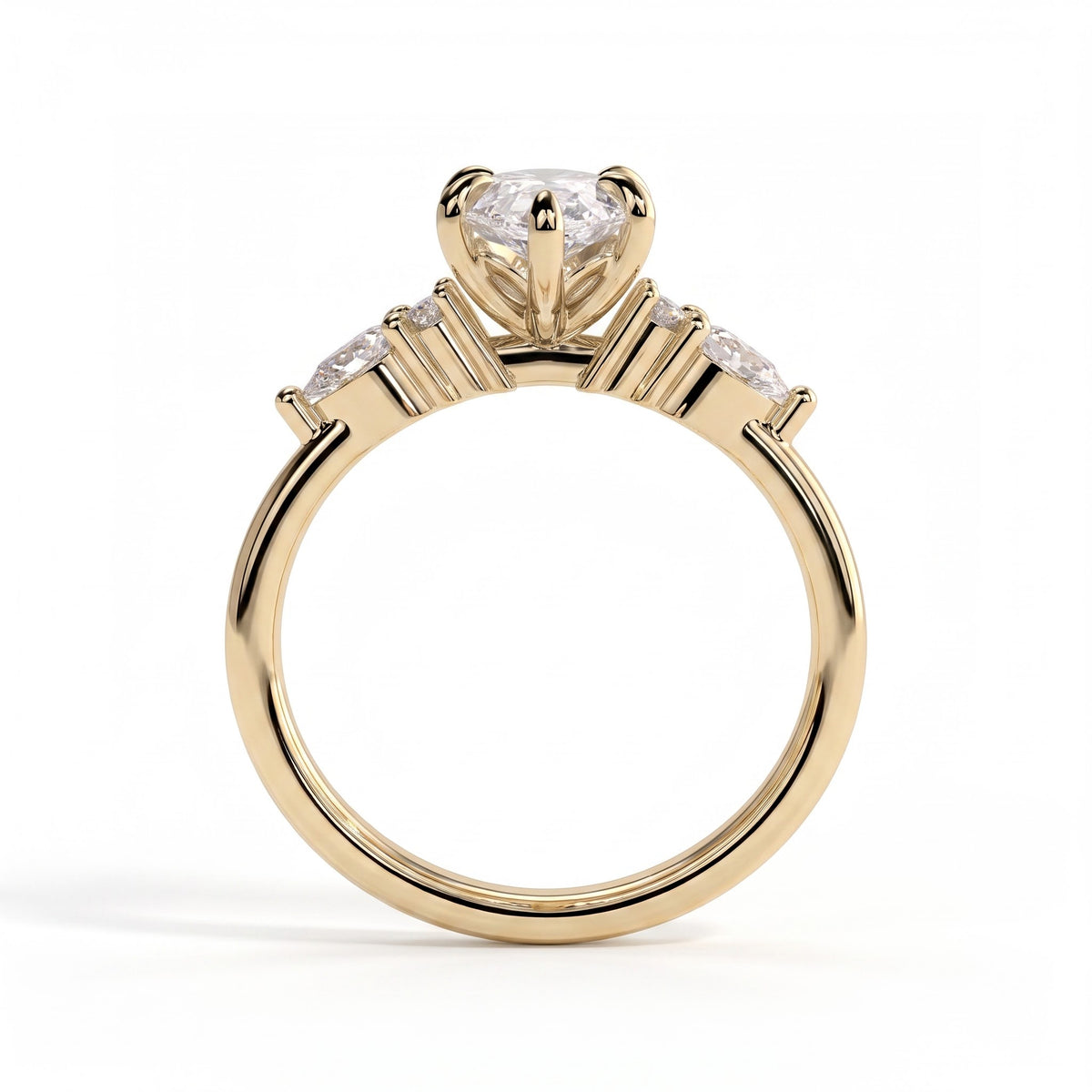 Marquise lab-grown diamond halo engagement ring in 18K (750) yellow gold, side profile 