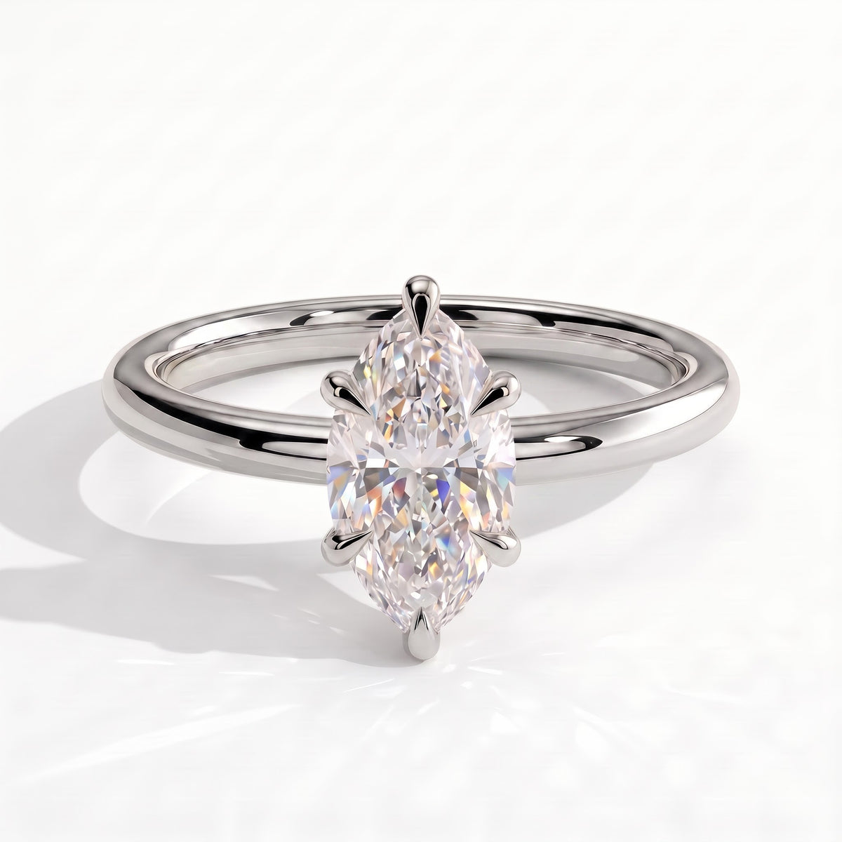 Marquise lab-grown diamond solitaire engagement ring in 18K (750) white gold, front view 
