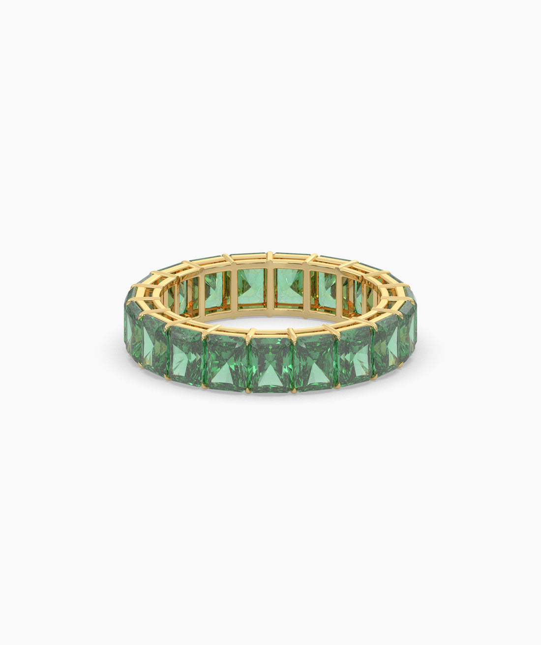 Amira emerald-cut green gemstone eternity ring in 585 yellow gold, front view 
