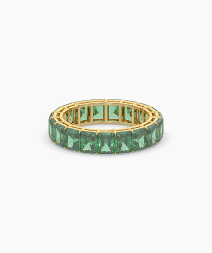 Amira emerald-cut green gemstone eternity ring in 585 yellow gold, front view 