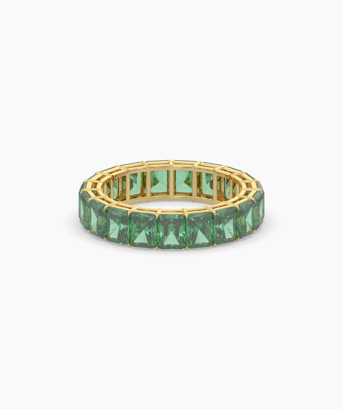 Amira emerald-cut green gemstone eternity ring in 750 yellow gold, front view 