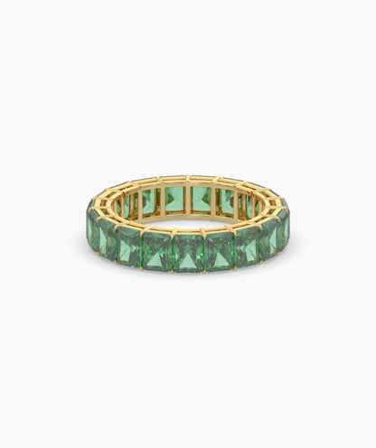 Amira emerald-cut green gemstone eternity ring in 750 yellow gold, front view 