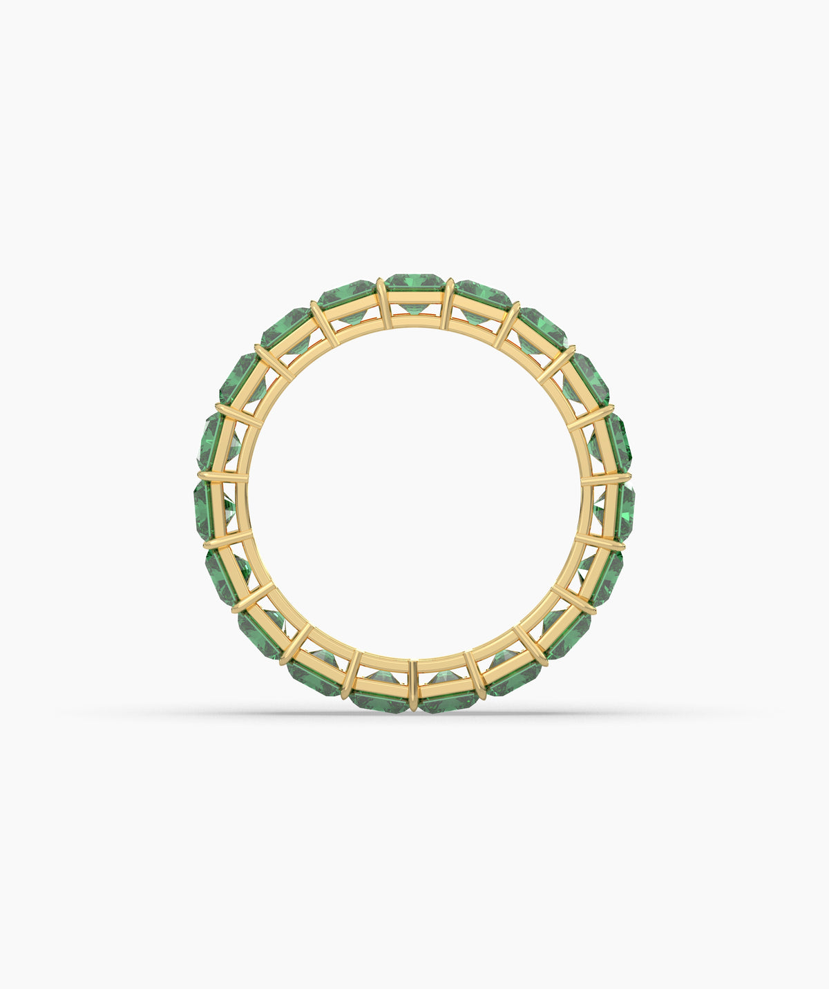 Amira emerald-cut green gemstone eternity ring in 585 yellow gold, top view 