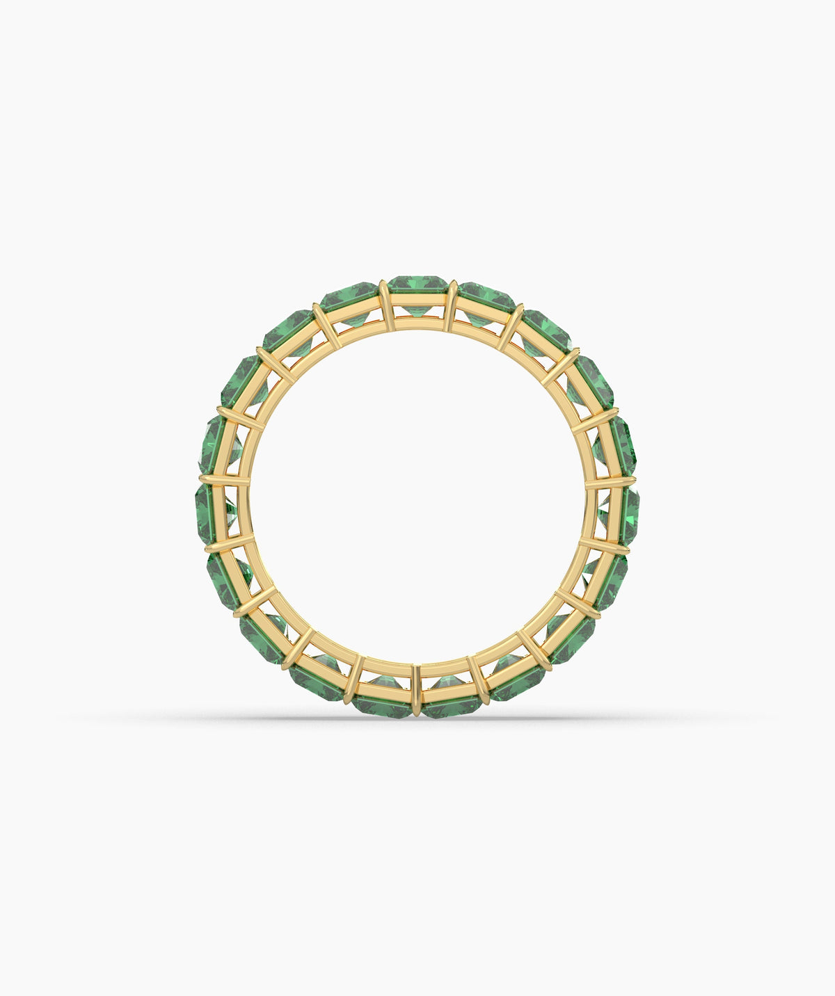 Amira emerald-cut green gemstone eternity ring in 750 yellow gold, top view 