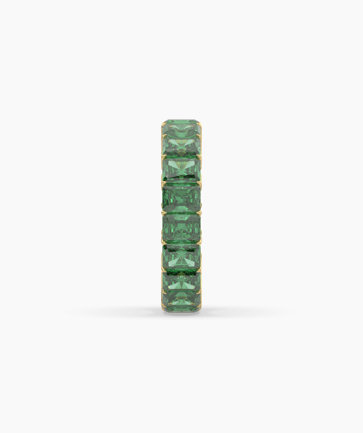 Amira emerald-cut green gemstone eternity ring in 750 yellow gold, side profile view 