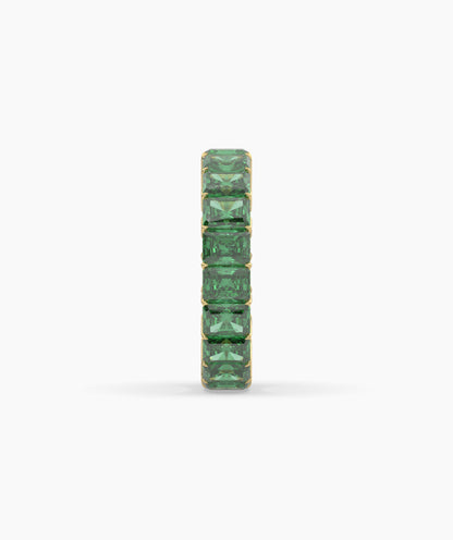 Amira emerald-cut green gemstone eternity ring in 750 yellow gold, side profile view 