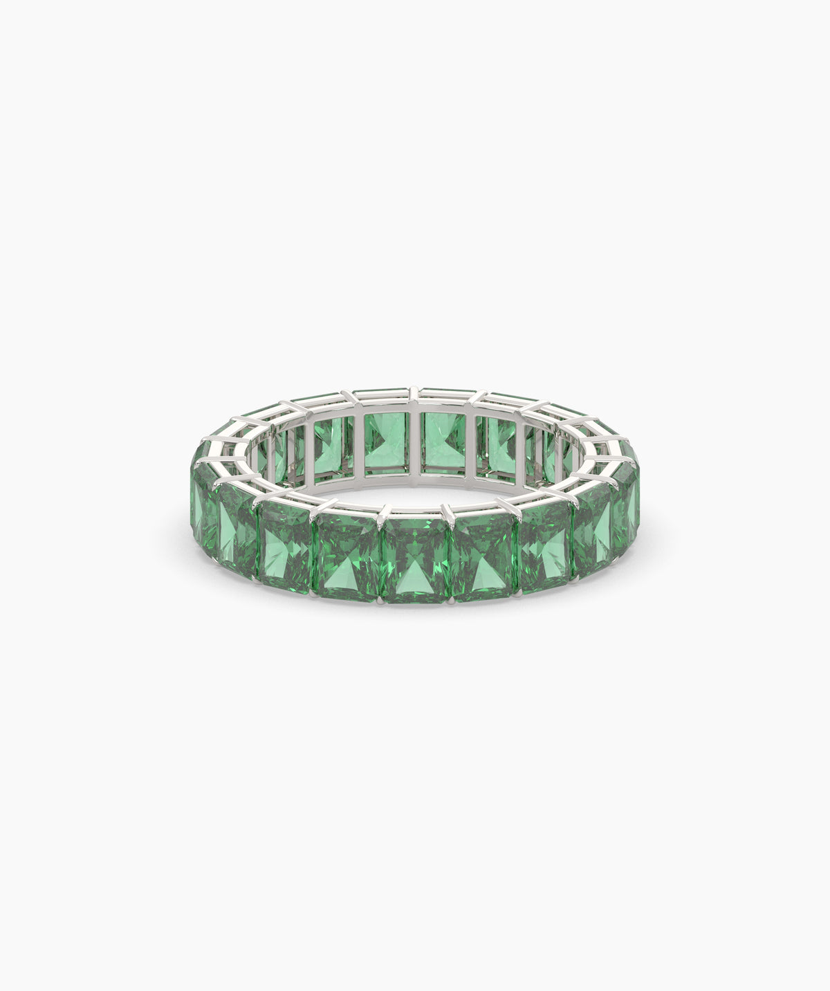 Amira emerald-cut green gemstone eternity ring in 585 white gold, front view 