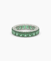Amira emerald-cut green gemstone eternity ring in 950 platinum, front view 