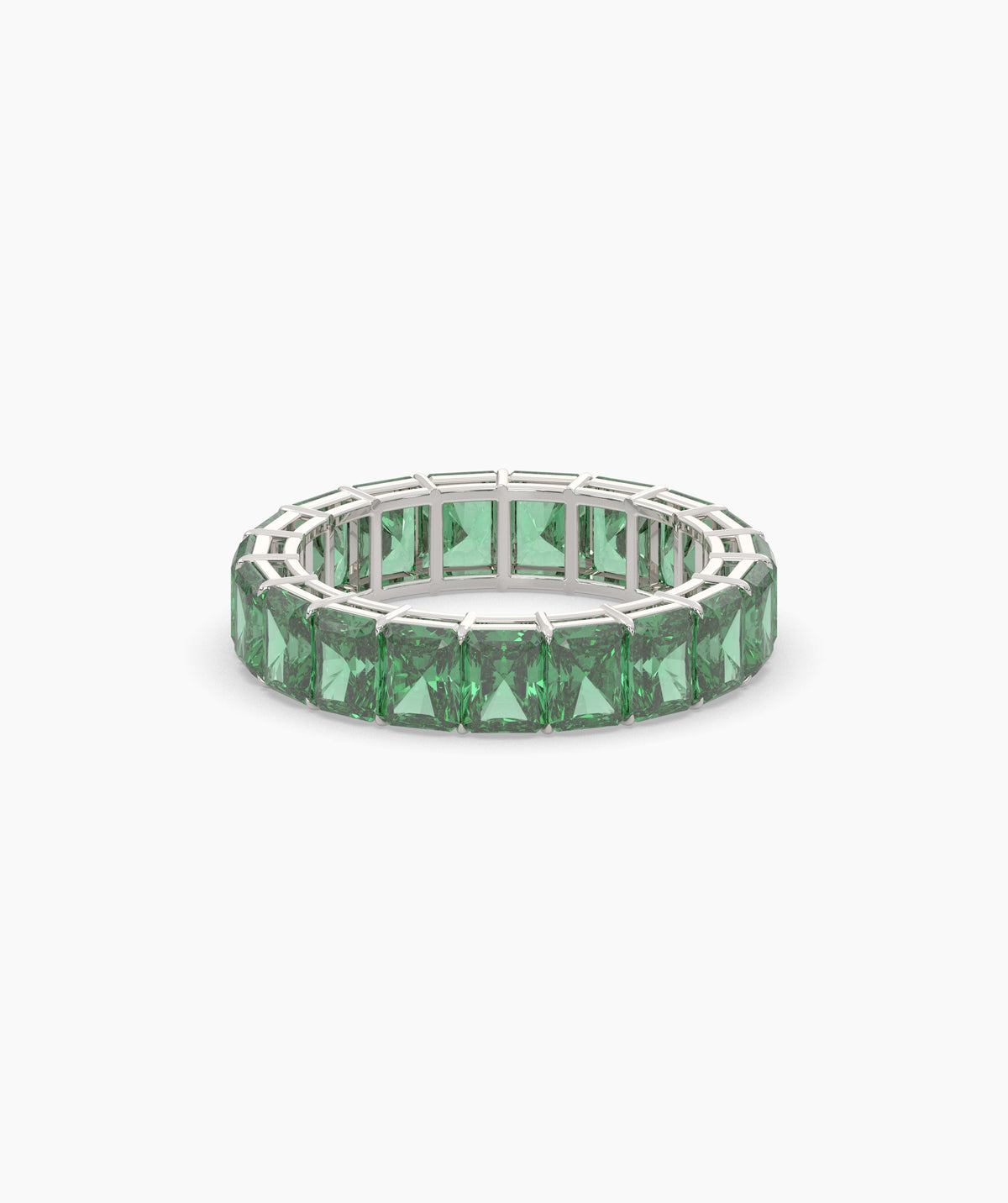Amira emerald-cut green gemstone eternity ring in 950 platinum, front view 