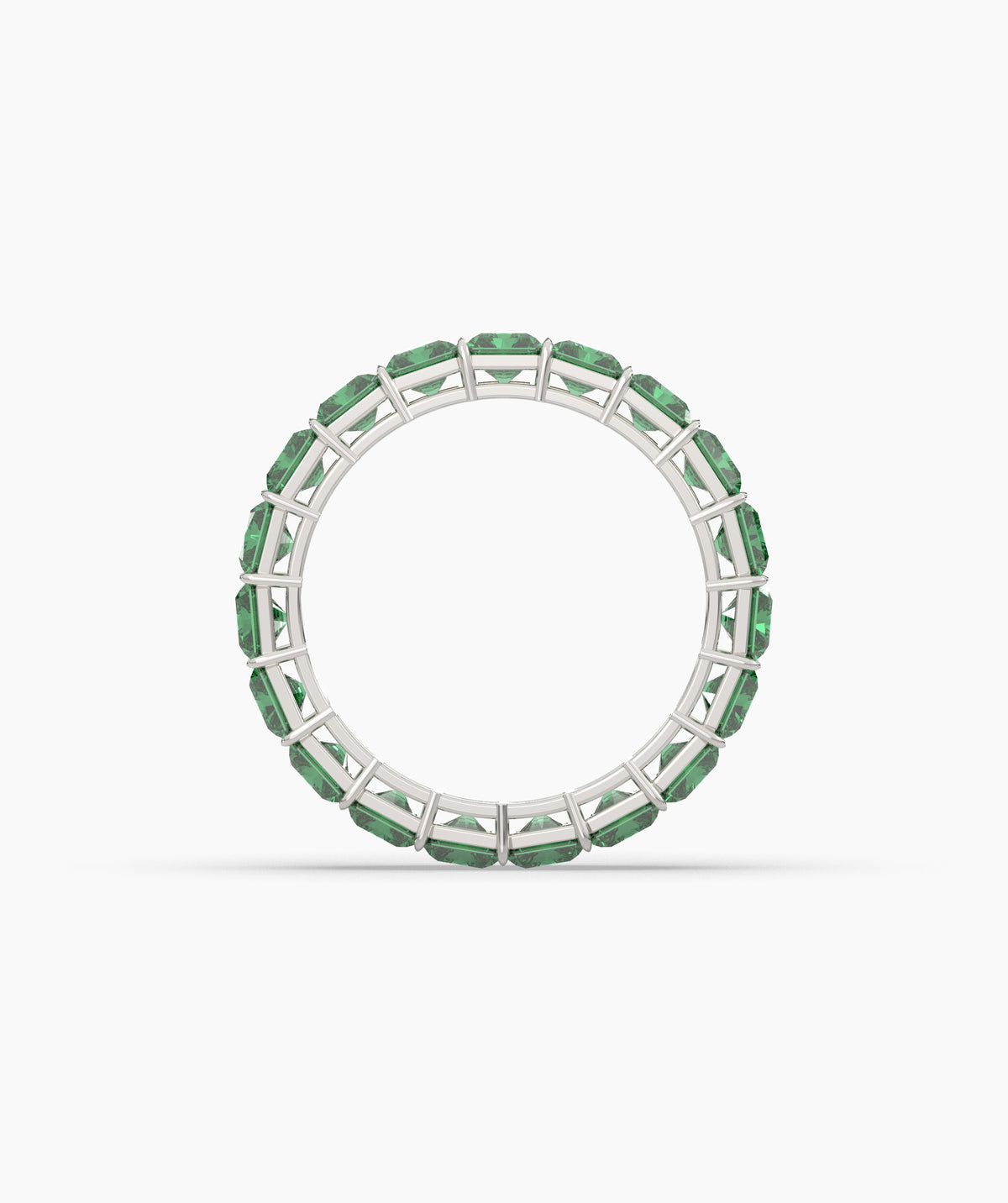 Amira emerald-cut green gemstone eternity ring in 585 white gold, top view 