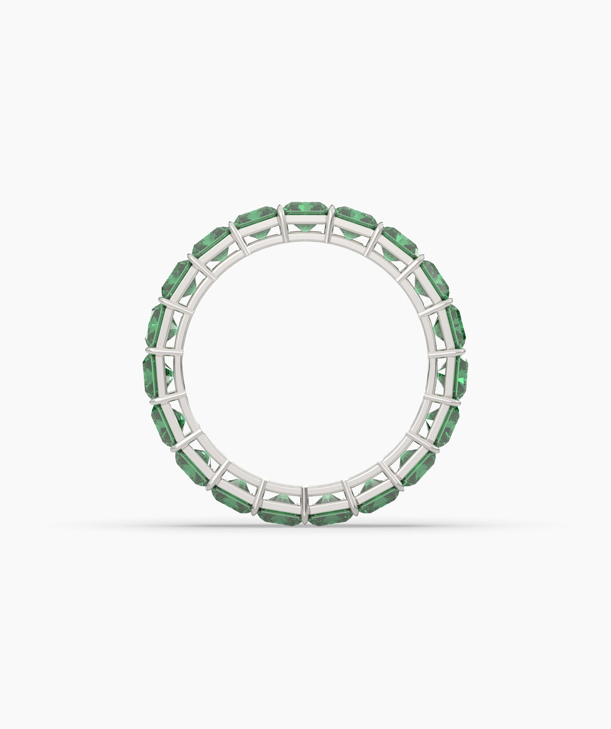 Amira emerald-cut green gemstone eternity ring in 750 white gold, top view 
