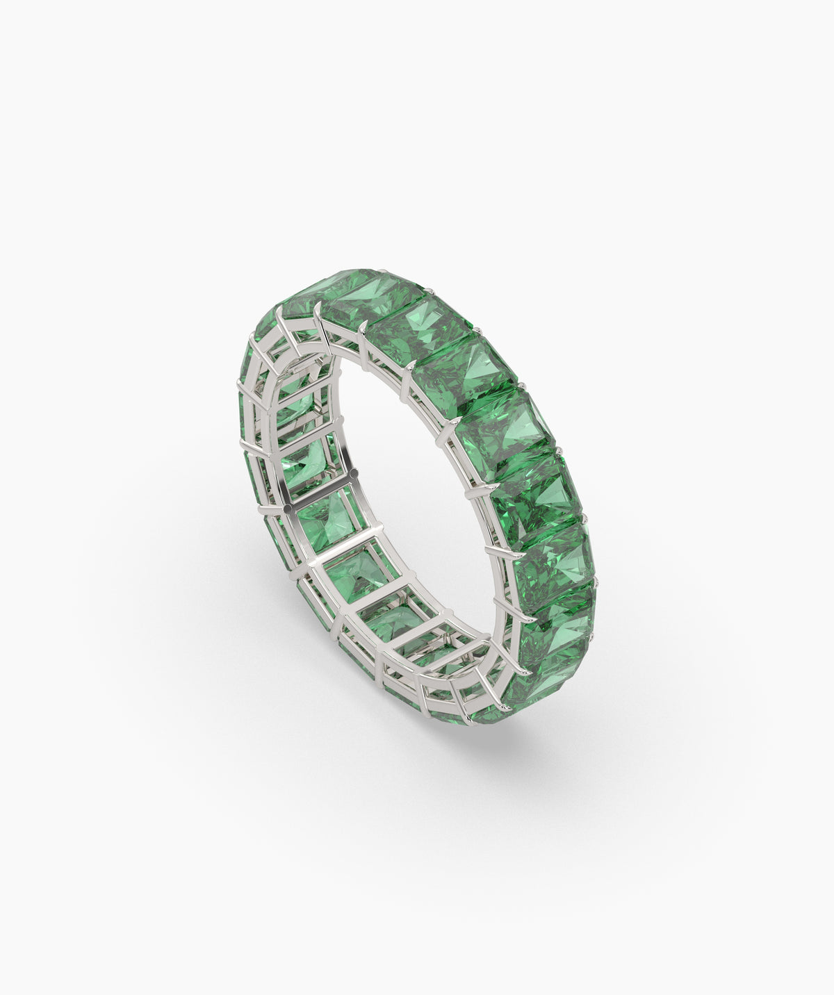Amira emerald-cut green gemstone eternity ring in 585 white gold, angled view 