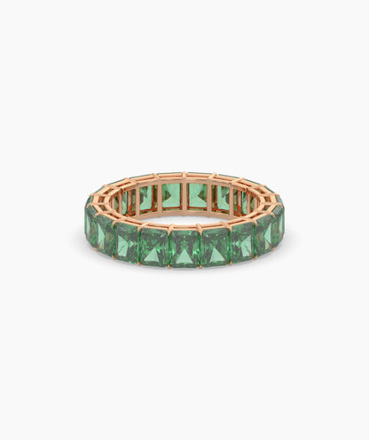 Amira emerald-cut green gemstone eternity ring in 750 rose gold, front view 