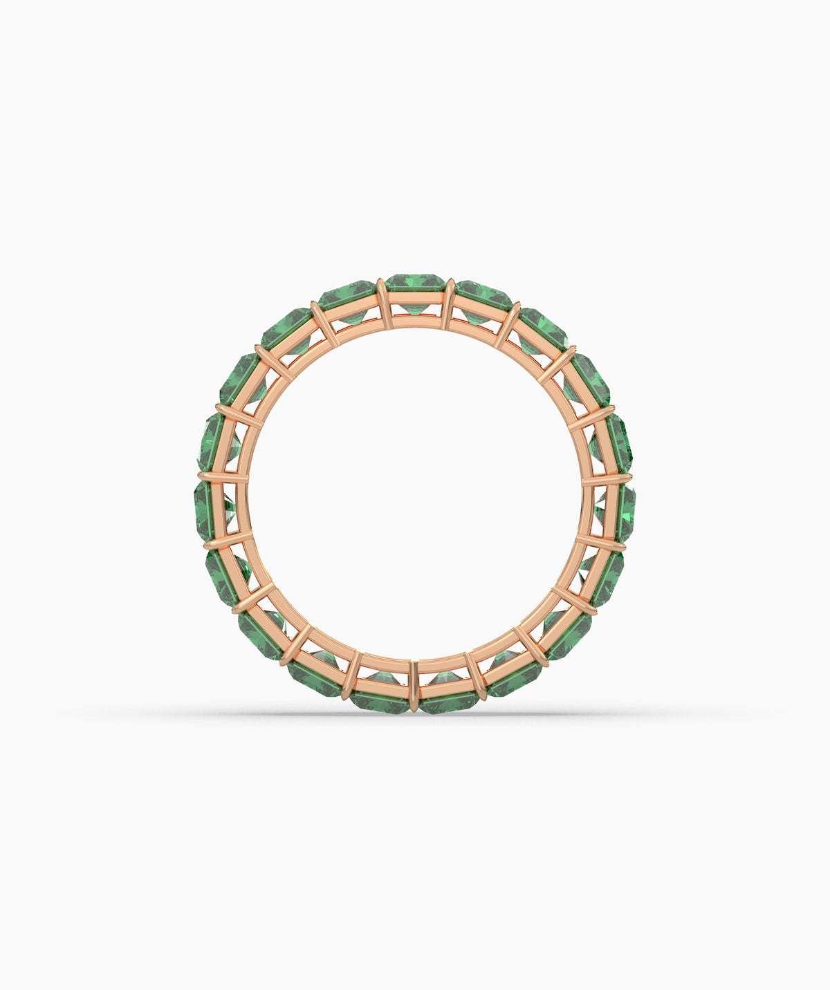 Amira emerald-cut green gemstone eternity ring in 585 rose gold, top view 