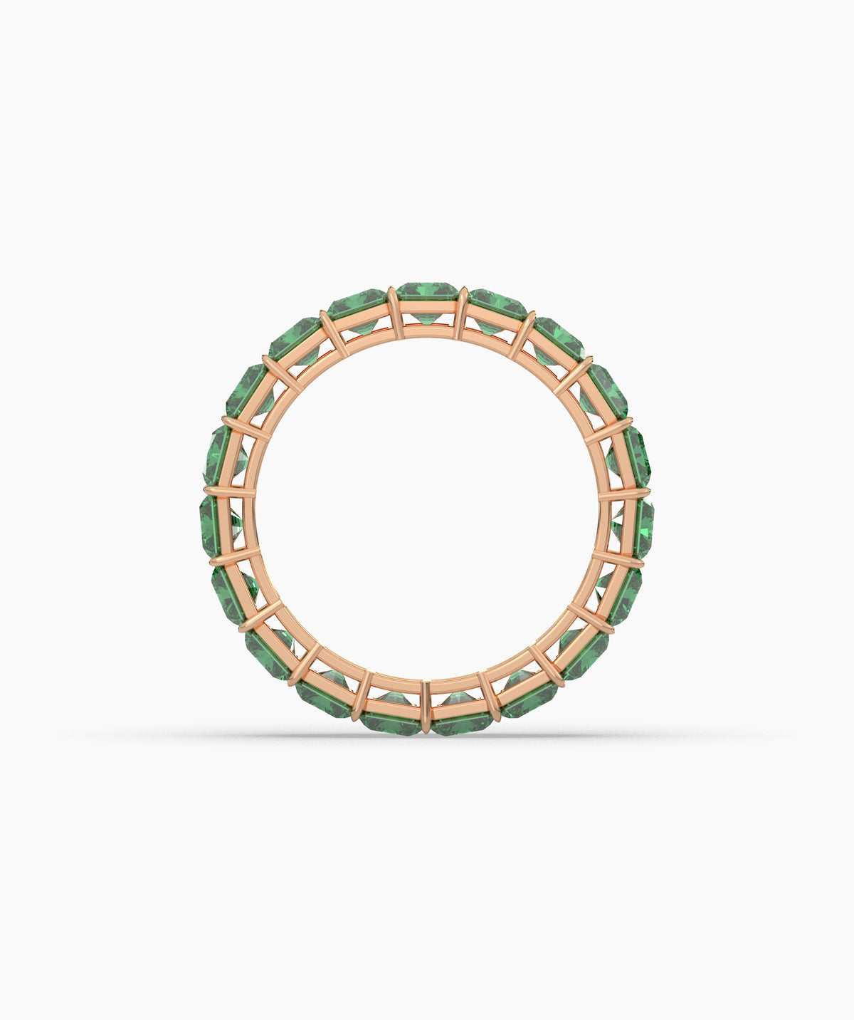 Amira emerald-cut green gemstone eternity ring in 750 rose gold, top view 