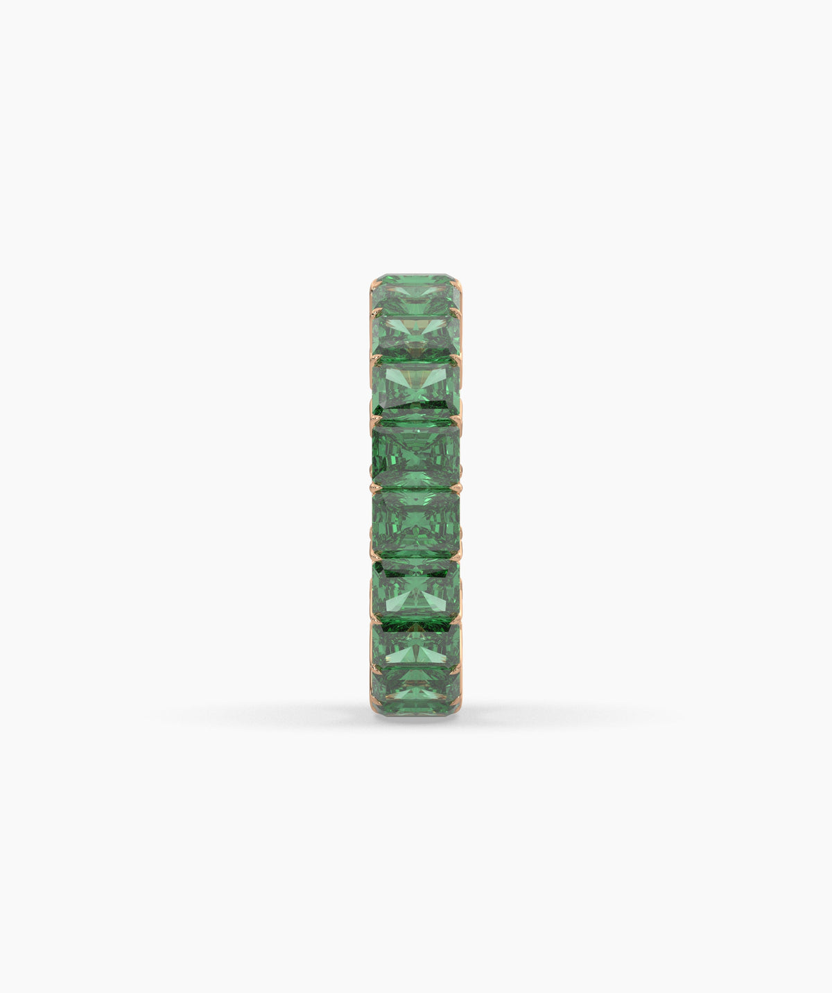 Amira emerald-cut green gemstone eternity ring in 750 rose gold, side profile view 