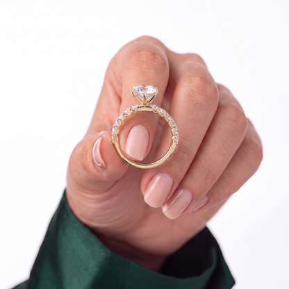 Round lab-grown diamond halo engagement ring in 18K (750) white gold, studio view 