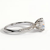 Round lab-grown diamond halo engagement ring in 950 platinum, on white background 