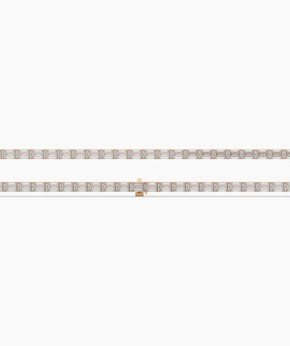 Aurelia Tennisarmband mit Labordiamanten im Smaragdschliff aus 585 Roségold, flach liegend, ganze Länge 