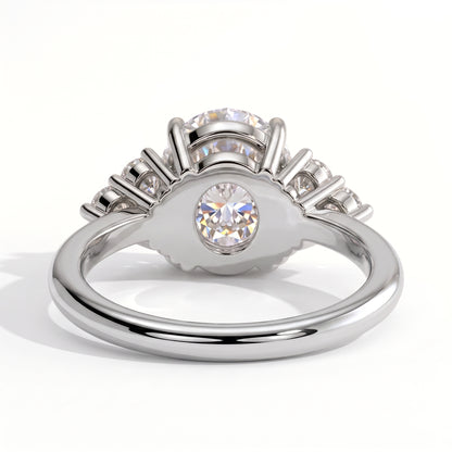 Round lab-grown diamond halo engagement ring in 14K (585) white gold, on white background 