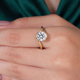 Round lab-grown diamond solitaire engagement ring in 18K (750) yellow gold, worn on hand 