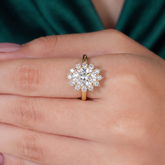 Oval lab-grown diamond halo engagement ring in 14K (585) white gold, worn on hand 